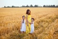 A pregnant woman in a yellow dress and her daughter in white sundresses are hugging each other in a wheat field and looking at