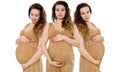 Pregnant women collage in dress holds hands on belly isolated on white background. Pregnancy and maternity concept. Mother day. Royalty Free Stock Photo