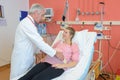 Pregnant woman consulting male doctor white sitting in clinic