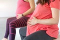 Pregnant women are doing yoga and maditition in yoga class, Healthy prenatal lifestyle Royalty Free Stock Photo