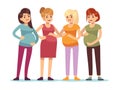 Pregnant women group. Future mothers anticipation birth baby, friendship happy woman mother with big belly. Cartoon