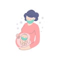 Pregnant women and her unborn child wearing medical masks, metaphor of coronavirus infection danger for pregnancy
