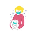 Pregnant women and her unborn child wearing medical masks, metaphor of coronavirus infection danger for pregnancy and newborn.Fear