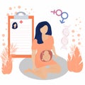 Pregnant women with illustration of embryo on her stomach sitting near medical history. Concept vector illustration