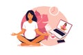 Pregnant women practicing yoga and meditation online. Wellness and healthy lifestyle in pregnancy. Vector illustration. Flat
