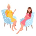 Pregnant women sit in a chair and communicate. Motherhood, childbirth, waiting for the baby. Trimester of pregnancy. Vector illust