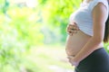 Pregnant women support the stomach by hand