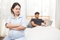 Pregnant Woman Worried About Husband Neglect To Take Care Of Her Health And Baby. Wife With Ignored Workaholic Husband Using