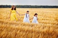 A pregnant woman in a yellow dress with two daughters in white sundresses walking through a wheat field holding hands Royalty Free Stock Photo