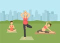 Pregnant women yoga in city vector illustration. Prenatal yoga, pilates class on green grass with cityscape. Female flat Royalty Free Stock Photo