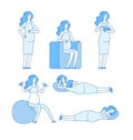 Pregnant women. Young woman expectant mom lying eating doing exercises happy pregnancy line vector set