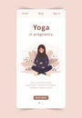 Pregnant Yoga. Arab beautiful pregnant woman in hijab sitting in lotus. Landing page template. Vector illustration