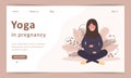 Pregnant Yoga. Arab beautiful pregnant woman in hijab sitting in lotus. Landing page template. Vector illustration.