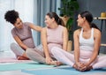 Pregnant yoga, friends and relax on living room floor before exercise, fitness and health, talking and happy. Women Royalty Free Stock Photo