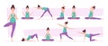 Pregnant yoga woman. Sport poses relaxed characters yoga recreation poses exact vector illustrations set