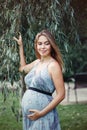 Pregnant young Caucasian woman wearing long blue dress and rustic country hat in park outside. Royalty Free Stock Photo