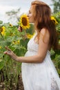 Pregnant young girl in sunflowers field Royalty Free Stock Photo