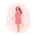 A pregnant young woman in a dress. Beautiful girl future mother among the flowers. Flat vector illustration, maternity