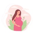 A pregnant young woman in a dress. Beautiful girl future mother among the flowers. Flat vector illustration, maternity