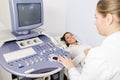 Pregnant young woman at gynecologist having examined with ultras