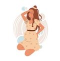 Pregnant young woman having back aches and holding her head. Woman in pain. Flat vector illustration on white