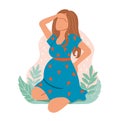 Pregnant young woman having back aches and holding her head. Woman in pain. Flat vector illustration on white