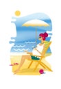 Pregnant Young woman sits in a deckchair on the sea shore with umbrella from the sun. Dragonfly on the hand