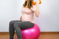 Pregnant young woman training with dumbbell sitting on fit ball. Active pregnancy and maternity fitness. Royalty Free Stock Photo