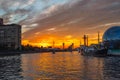 Pregolya River and ships in Kaliningrad at sunset. Russia Royalty Free Stock Photo