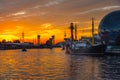 Pregolya River and ships in Kaliningrad at sunset. Russia Royalty Free Stock Photo