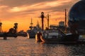 Pregolya River and ships in Kaliningrad at sunset. Russia Royalty Free Stock Photo