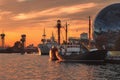 Pregolya River and ships in Kaliningrad at sunset. Russia Royalty Free Stock Photo