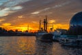 Pregolya River and ships in Kaliningrad at sunset. Russia Royalty Free Stock Photo
