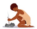 Prehistoric Ages Woman Light a Fire Using Tools, Primitive Neanderthal Female Character Lifestyle, Girl Wear Animal Skin