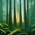 Prehistoric antediluvian forest landscape with primitive trees and ferns Royalty Free Stock Photo