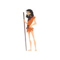 Prehistoric Bearded Man, Primitive Stone Age Caveman in Animal Pelt Cartoon Character Vector Illustration