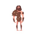 Prehistoric Bearded Man, Primitive Stone Age Caveman Wearing Animal Pelt Cartoon Character Vector Illustration