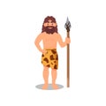 Prehistoric caveman in animal skin holding spear, Stone Age character vector Illustration on a white background