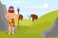 Prehistoric caveman character in animal skin holding spear, Stone Age natural landscape vector Illustration
