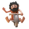 Prehistoric caveman character in 3d free wheeling his stone bike, 3d illustration