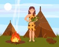 Prehistoric cavewoman character standing next to house made of animal skins, Stone Age natural landscape vector