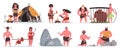 Prehistoric characters. Caveman life scenes, stone age cave and hut. Hunting, cooking and collecting primitive people Royalty Free Stock Photo