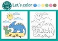 Prehistoric coloring page for children. Cute funny scene with dinosaur, cactus, sun. Vector Jurassic period outline illustration. Royalty Free Stock Photo