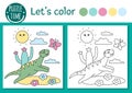 Prehistoric coloring page for children. Cute funny scene with dinosaur running for butterfly. Vector Jurassic period outline Royalty Free Stock Photo