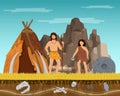 Prehistoric couple woman and man staying ancient tent, past ages time character male female flat vector illustration.
