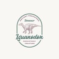 Prehistoric Creature Dinosaur Abstract Sign, Symbol or Logo Template. Hand Drawn Iguanodon Reptile with Retro Typography