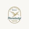 Prehistoric Creature Dinosaur Abstract Sign, Symbol or Logo Template. Hand Drawn Pterodactyl with Retro Typography in a