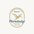 Prehistoric Creature Dinosaur Abstract Sign, Symbol or Logo Template. Hand Drawn Pterodactyl with Retro Typography in a Royalty Free Stock Photo