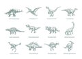 Prehistoric Dinosaurs Sketch Signs, Symbols or Illustrations Set. Hand Drawn Vector Ancient Reptiles Silhouettes