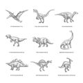 Prehistoric Dinosaurs Sketch Signs, Symbols or Illustrations Set. Hand Drawn Vector Ancient Reptiles Silhouttes Royalty Free Stock Photo